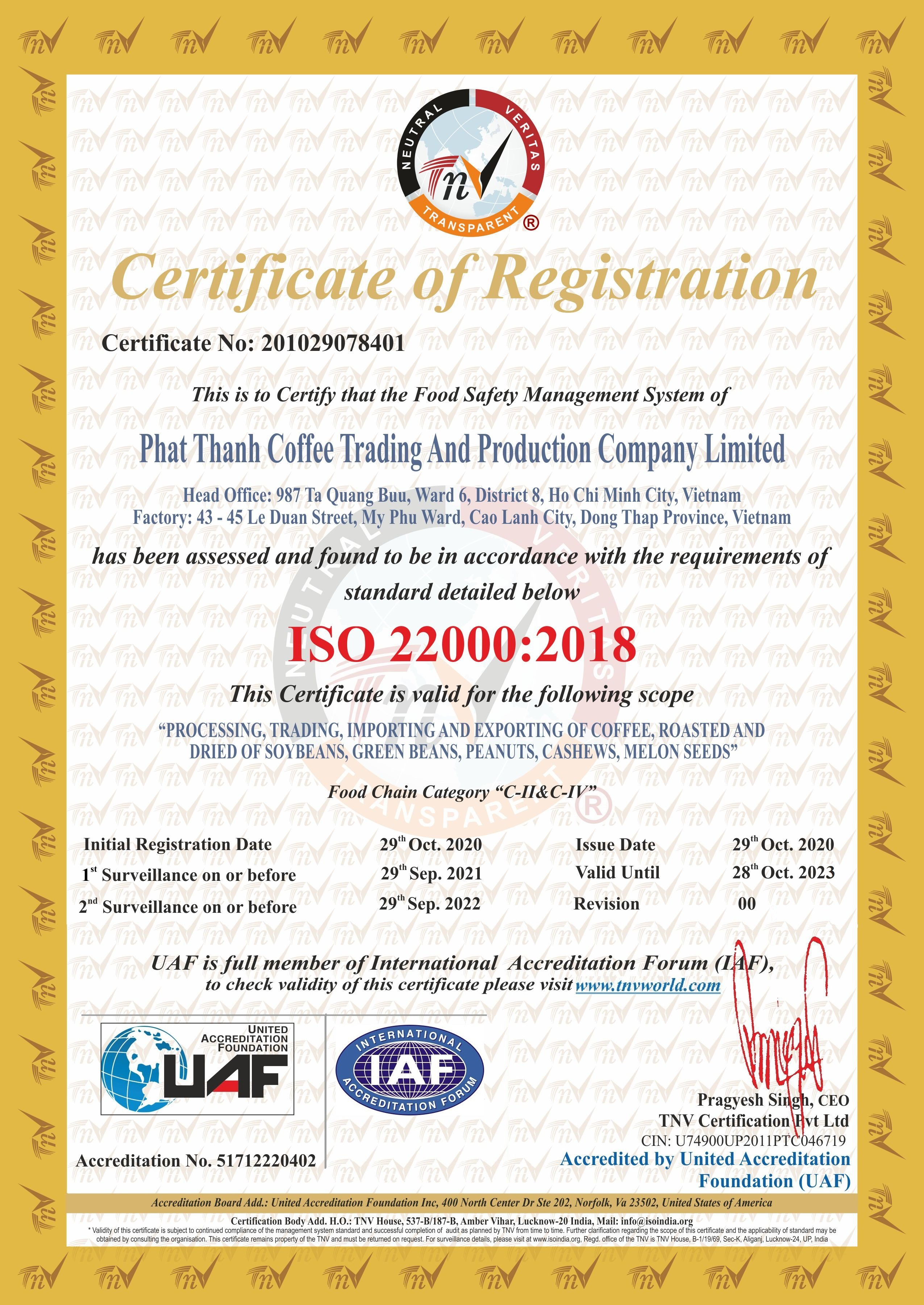 ISO 22000:2018 Certificate of Phat Thanh Cafe